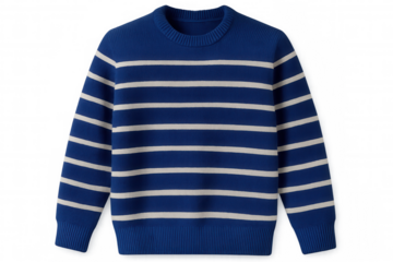 Blue and white striped sweater hanging on neutral background, highlighting textile texture and casual fashion design