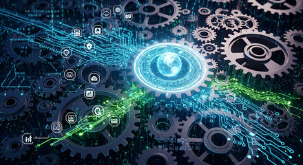 Gears and cogs mechanism with futuristic digital network