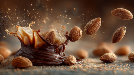 A dynamic macro shot of whole almonds floating in the air, with splashes and swirls of rich milk and dark chocolate.
