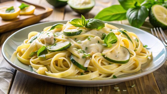 Linguine alla Nerano &ndash; linguine, zucchini, provolone, basil, creamy golden sauce, Amalfi Coast inspiration.