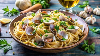 Spaghetti alle Vongole – spaghetti, clams, garlic, white wine sauce, parsley, seaside background.