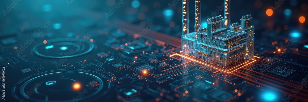 Poster digital factory model on a circuit board.