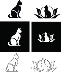 Cat icon set vector in flat, silhouette, and outline designs on black background, ideal for animal-themed projects.