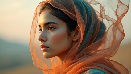 Young Woman in Traditional Headscarf Looking into the Distance