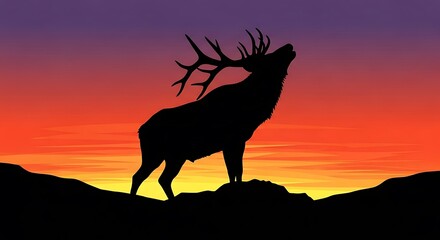 Majestic Elk Silhouette at Sunset Over Mountain Peaks