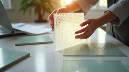 A female architect holds a translucent aerogel panel against daylight while comparing graphene-enhanced concrete tiles and smart glass swatches on a clean desk
