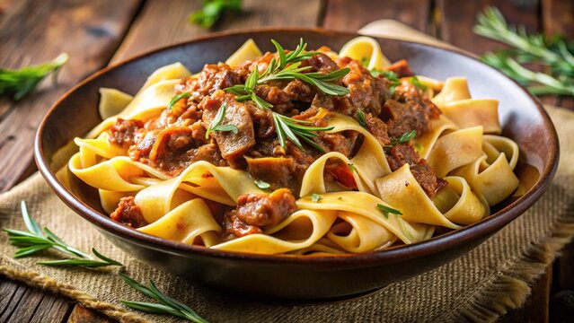 Pappardelle al Cinghiale &ndash; wide pasta ribbons, wild boar rag&ugrave;, rosemary sprigs, earthy Tuscan setting.