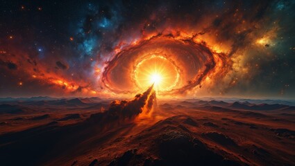 Cosmic Dawn: Surreal Landscape with Fiery Sky and Alien Mountain Range