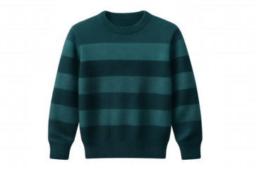 Green striped sweater hanging in studio setting, isolated on transparent background, highlighting textile texture and versatile design potential