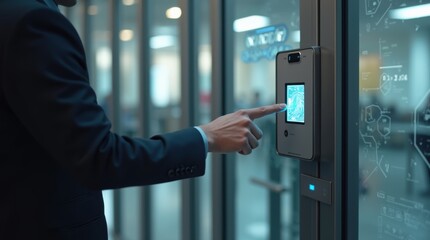 Fototapeta premium A professional man presses his finger on a sleek biometric scanner at a glass entry gate in a modern office lobby, subtle HUD cues, security access concept 