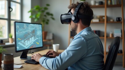 A remote worker at home uses a VR headset for hands-on safety training, interactive 3D equipment model and step-by-step instructions in a tidy workspace
