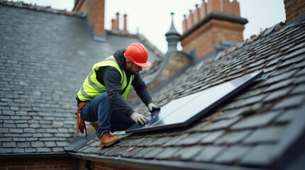 A technician in safety gear aligns solar panels on a slate roof of a historic brick building with ornate cornices, careful preservation and green energy upgrade
