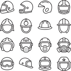 Sixteen outline icons of various helmets and head protection graphic illustration