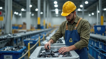 An adult sorts old laptops, phones, and cables into labeled recycling bins at a modern facility with conveyor belts and safety signage, responsible e-waste handling
