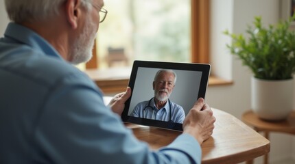 An elderly man sits comfortably at a living room table using a tablet for a video call with a doctor, clear interface, home telehealth and care accessibility