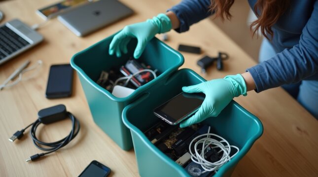 A woman wearing gloves places smartphones and batteries into dedicated e-waste containers on a table with neatly organized cords and small appliances, eco action
