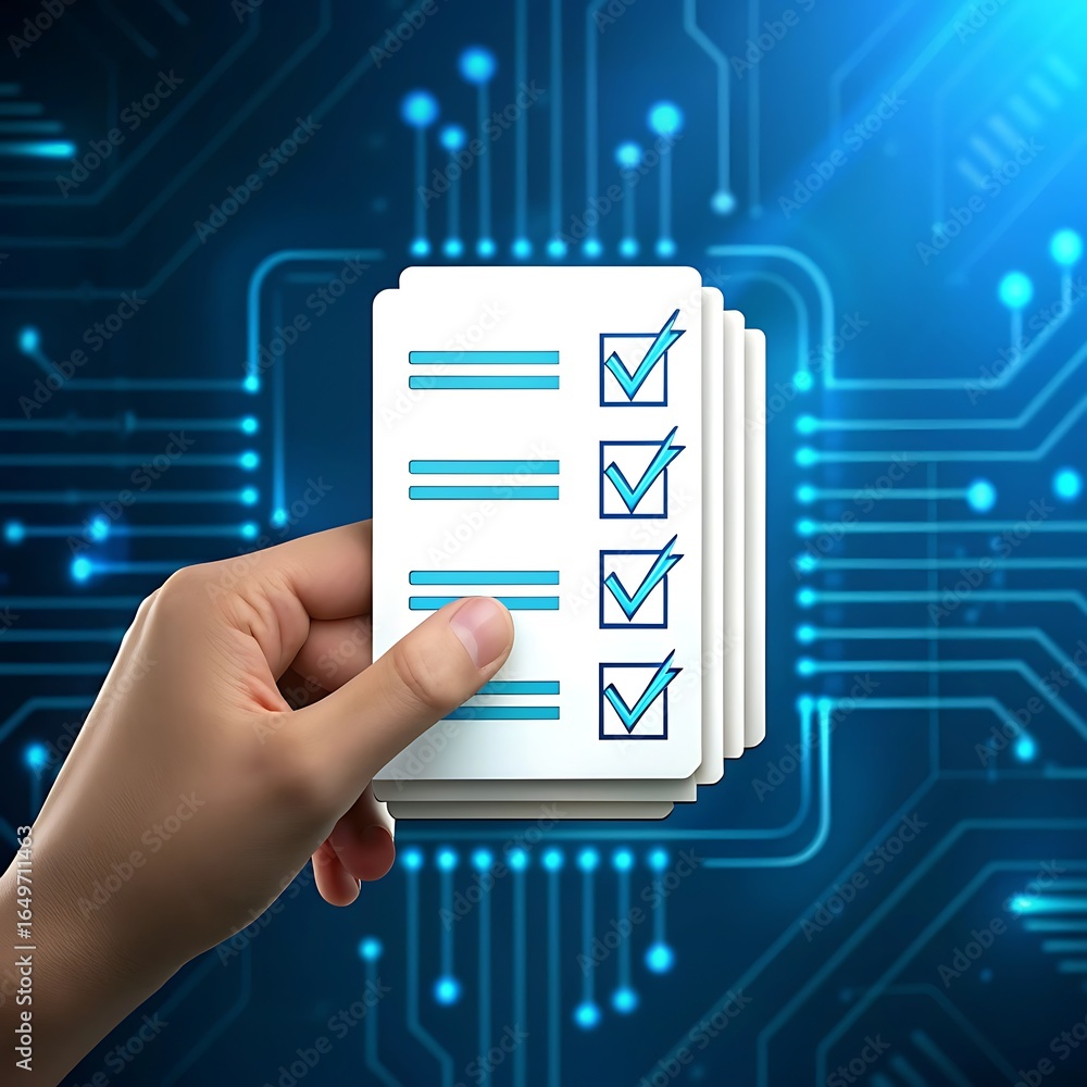 Aufkleber hand holding a stack of papers with checkmarks against a circuit board background checklist to-do li