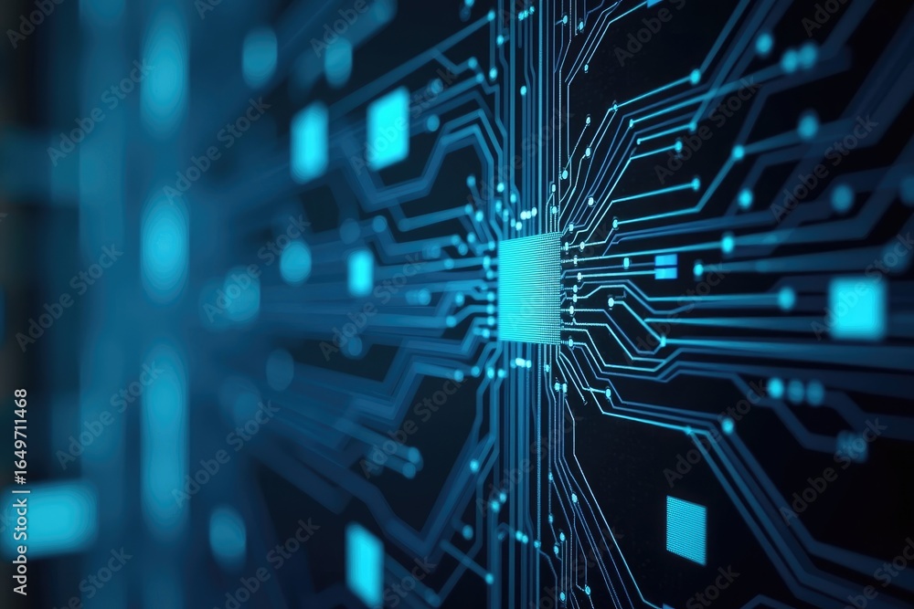 Poster detailed circuit board design with central processor.