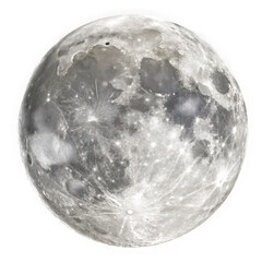 Detailed full moon disk with craters, maria and bright rays captured in high resolution astronomy element, realistic lunar sphere, transparent background