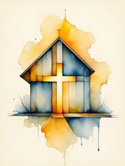 Abstract Watercolor Church with Cross - Religious Symbolism and Faith
