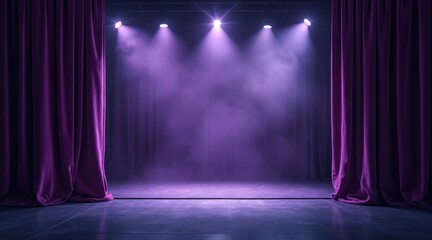 Empty theater stage with purple spotlights and velvet curtains
