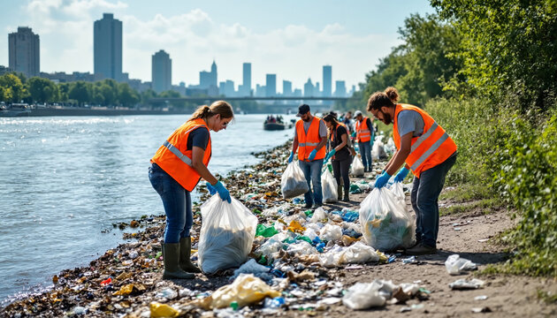 Group of young adult and middle aged multiethnic men and women wearing safety vests collecting plastic waste and trash along urban riverbank, participating in environmental cleanup - Powered by Adobe