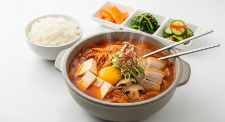 Fototapeta premium A steaming bowl of Korean Kimchi Jjigae with rice and side dishes, featuring tofu, pork, and a raw egg yolk.