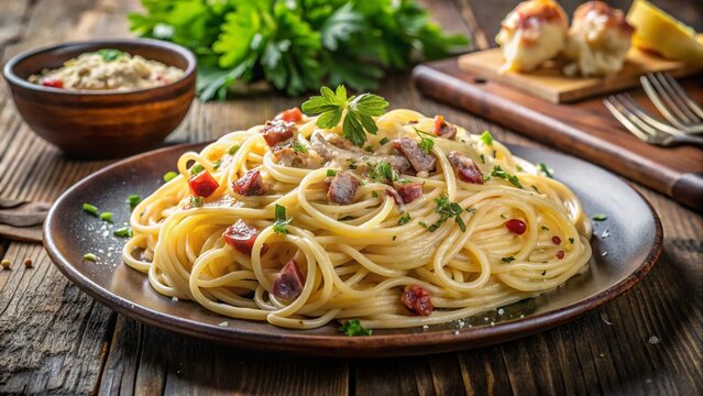 Spaghetti alla Carbonara – creamy sauce, pancetta, pecorino, black pepper, steaming pasta on rustic plate.