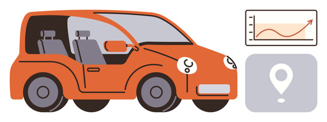 Fototapeta premium Orange electric car with open design, a location marker, and performance graph showcasing progress and mobility. Ideal for technology, innovation, green energy, travel, GPS, data analysis
