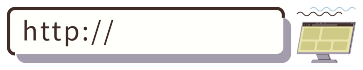 Browser search bar starting with http alongside a desktop monitor showing a webpage structure. Ideal for web development, digital tools, online search, internet, SEO, web design, simple flat metaphor