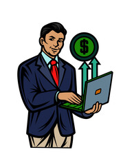 A businessman in formal attire, wearing a red blazer, blue trousers, and brown shoes, carrying a brown briefcase while climbing stairs toward a large dollar sign.