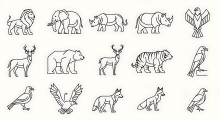 Minimalist Line Art Depicting Various Animals and Birds on White Background