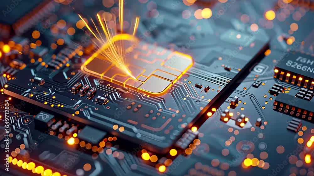 Poster close-up view of a high-tech circuit board with glowing components in a futuristic design for techno