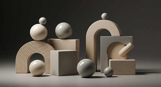 "Abstract arrangement of ceramic shapes, matte spheres, and angular blocks in neutral colors. Soft studio lighting with deep shadows, creating a high-fashion editorial mood."