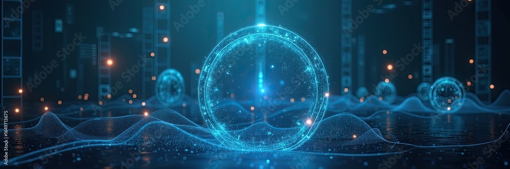 Poster abstract digital design with glowing circular shapes.