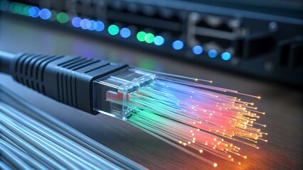 Fiber optic cable transmitting data with vibrant light, representing high-speed internet and modern technology solutions