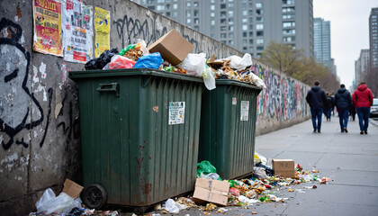 Overflowing garbage bins standing against graffiti covered concrete wall with trash scattered on sidewalk in urban city street, high rise buildings visible in background, people walking away