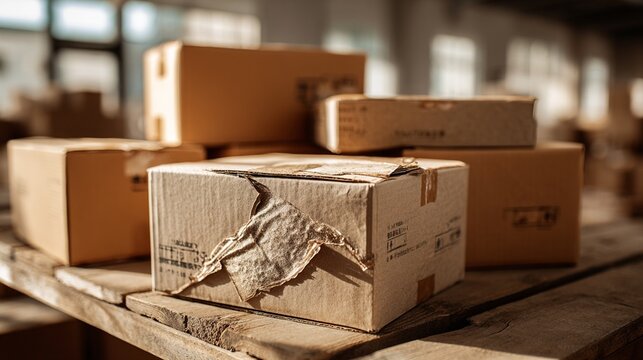 Damaged Cardboard Boxes on Warehouse Table