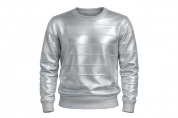 Silver metallic sweater featuring horizontal stripes, gleaming against transparent background, highlighting contemporary fashion styling