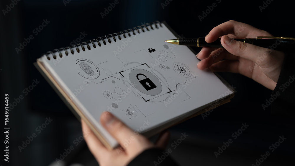 Poster ai cyber security system using biometric authentication and privacy control. cyber security protects
