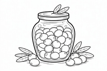 Jar of olives with olive branches preserved food