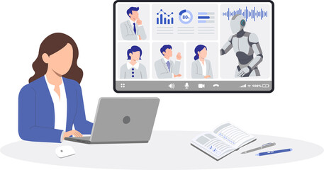 Businesswoman in AI Video Conference | Remote Work, Online Presentation with Robot 