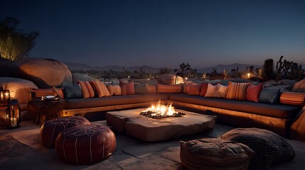 Elegant outdoor patio with central firepit illustration images