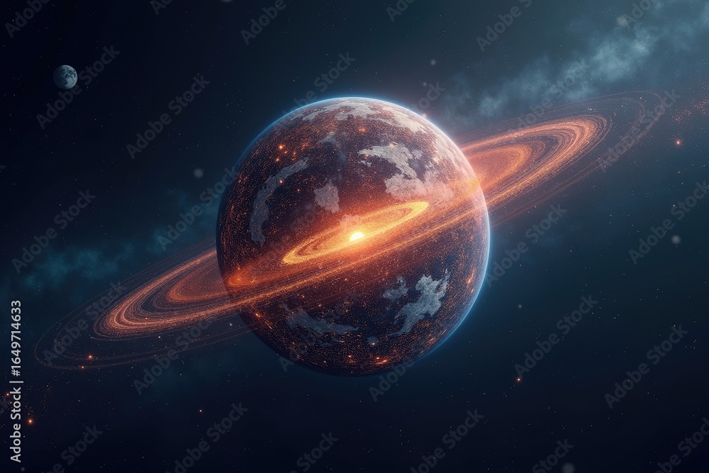 Poster a planet with a fiery ring system in deep space.