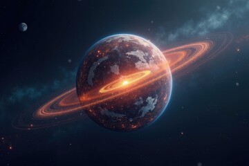 Obraz premium A planet with a fiery ring system in deep space.