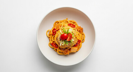 A gourmet spaghetti dish with a central breaded patty, garnished with fresh tomatoes and herbs in a white bowl.