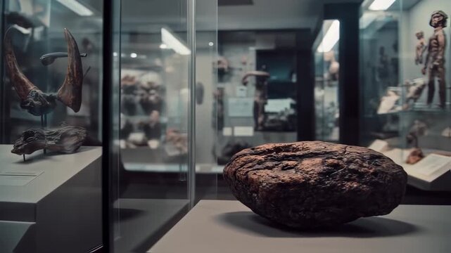 Exploration of ancient artifacts and fossils displayed in glass cases in a museum, showcasing