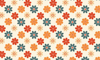 Seamless Folk Floral Pattern with Daisies and Star Flowers in Warm Tones