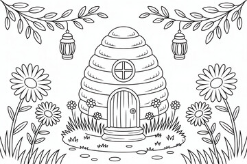 Whimsical bee hive house with flowers and lanterns