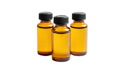 Three Amber Bottles with Black Caps Isolated on White Background Suitable for Medical, Cosmetic, or Aromatherapy Use in Studio Photography